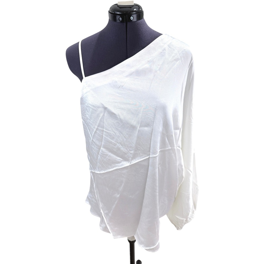 Gold Hawk Top Womens One Shoulder Long Sleeve Satin White Oversized Size M NEW - Picture 3 of 10